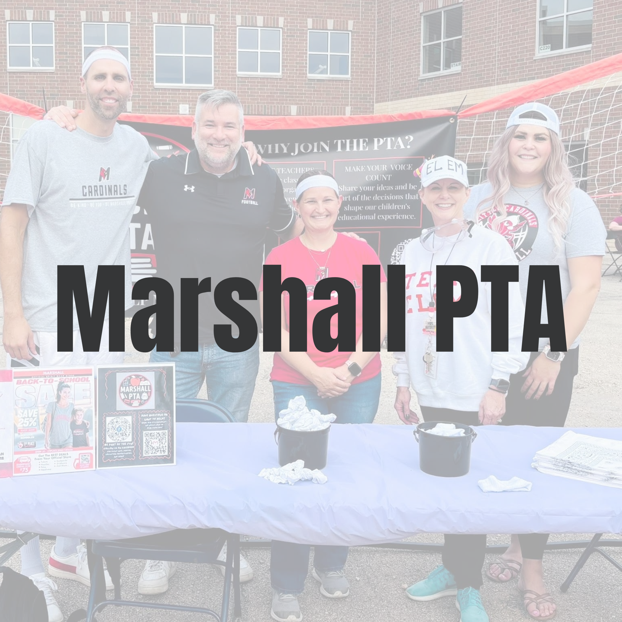 Button for the Marshall PTA page, the words MArshall PTA over a picture of PTA memebers