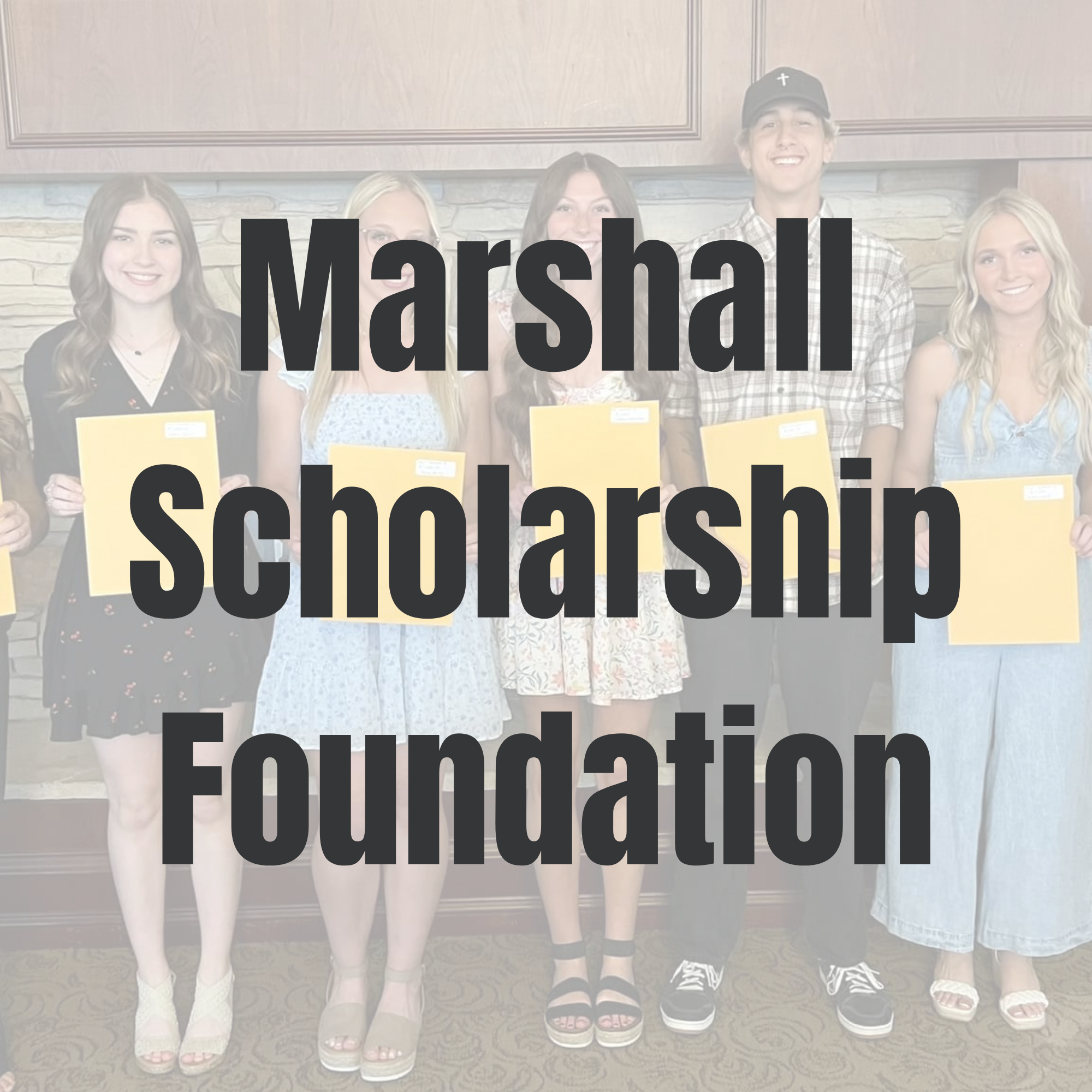 Button for the scholarship page, the words Marshall Scholarship foundation over a picture of students with scholarships