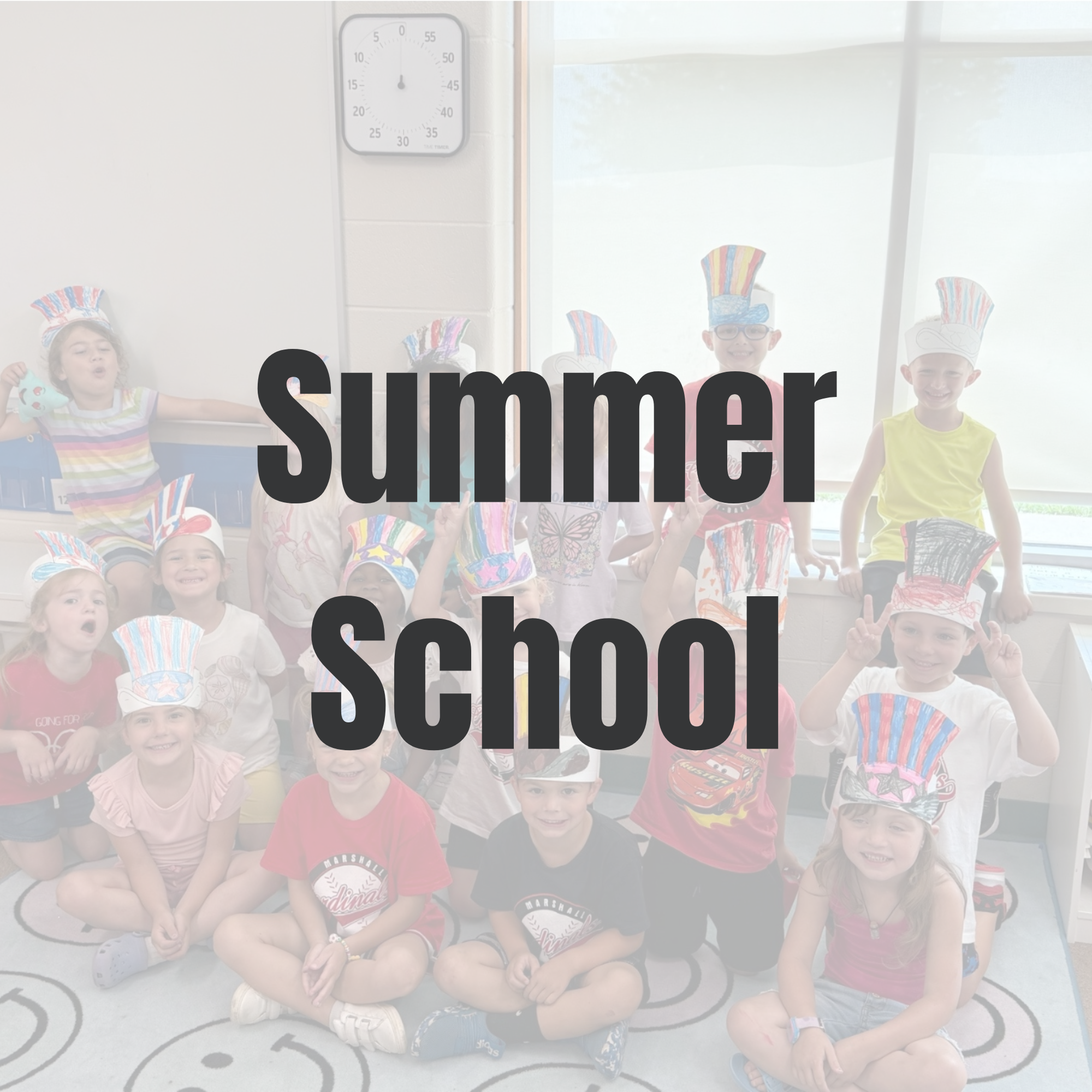 button for the summer school page, words summer school over a picture of a class of students