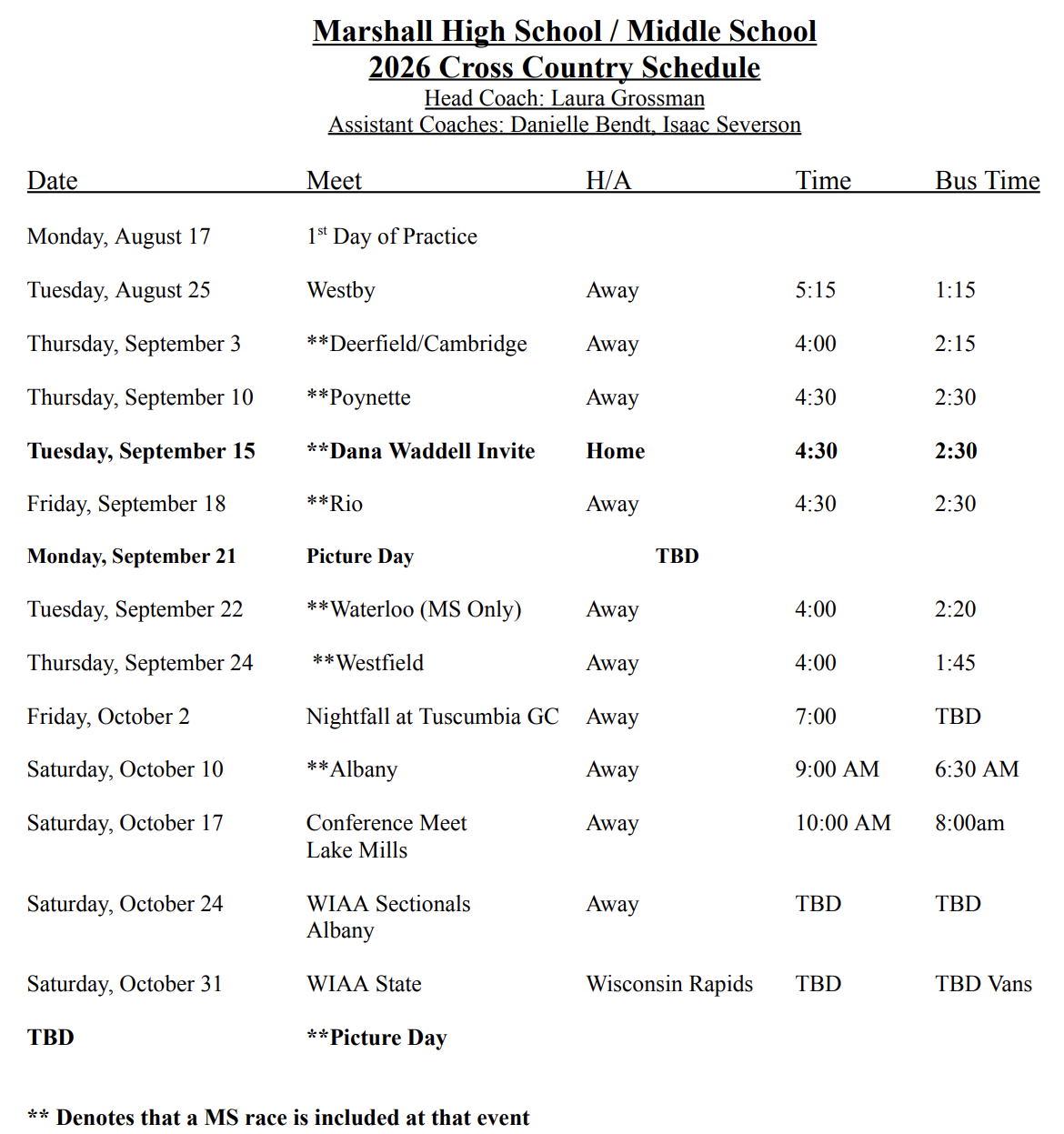 2026 Cross Country Schedule